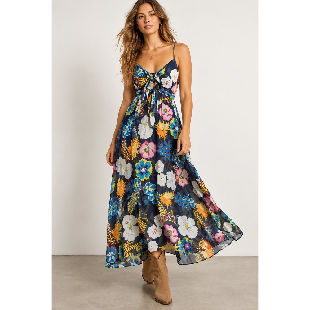 Rachel Rachel Roy Navy Floral Knot Front Maxi Dress Tropical Size M